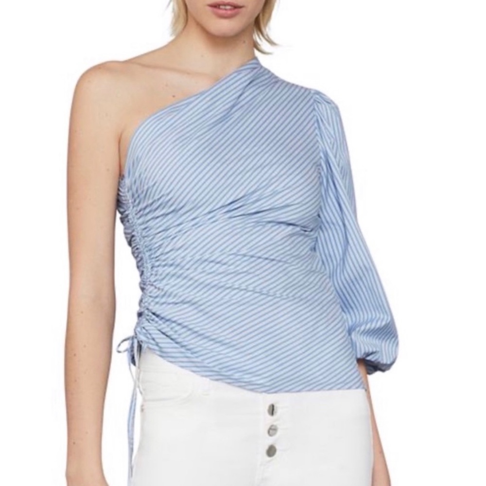 BCBGMaxAzria Blue Striped Ruched Poplin Top Size Small
